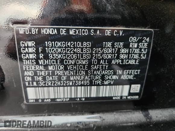 2025 Honda HR-V LX с VIN 3CZRZ2H32SM738495, выставлен на аукционе Copart как лот 63344835 с пробегом 2 903 миль миль и Списание • Salvage title. История ставок и продаж доступна на DreamBid. Изображение 13.