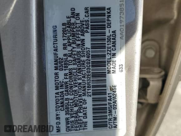 2003 Toyota Corolla S с VIN 2T1BR32E03C024057, выставлен на аукционе Copart как лот 84759845 с пробегом 223 203 миль миль и Списание • Salvage title. История ставок и продаж доступна на DreamBid. Изображение 12.