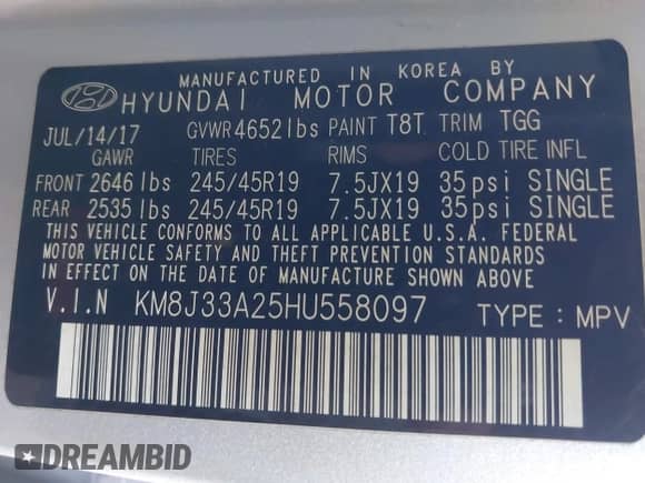 2017 Hyundai Tucson Sport with VIN KM8J33A25HU558097, listed as a IAAI auction lot 42292516 with 132,957 mi miles and . Bid and sale history available at DreamBid. Image 9.