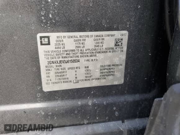 2018 Chevrolet Equinox LT с VIN 2GNAXJEV3J6150534, выставлен на аукционе Copart как лот 67998215 с пробегом Не указан миль и Списание • Salvage title. История ставок и продаж доступна на DreamBid. Изображение 12.