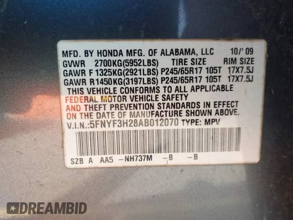 2010 Honda Pilot LX with VIN 5FNYF3H28AB012070, listed as a IAAI auction lot 43250149 with 119,936 mi miles and . Bid and sale history available at DreamBid. Image 9.