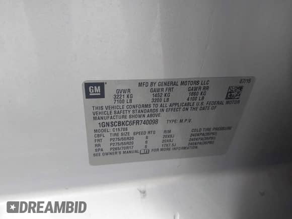 2015 Chevrolet Tahoe LT с VIN 1GNSCBKC6FR740098, выставлен на аукционе IAAI как лот 42906670 с пробегом 164 423 миль миль и . История ставок и продаж доступна на DreamBid. Изображение 9.