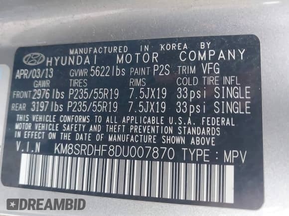 2013 Hyundai Santa Fe Limited with VIN KM8SRDHF8DU007870, listed as a IAAI auction lot 43296574 with 123,177 mi miles and . Bid and sale history available at DreamBid. Image 9.