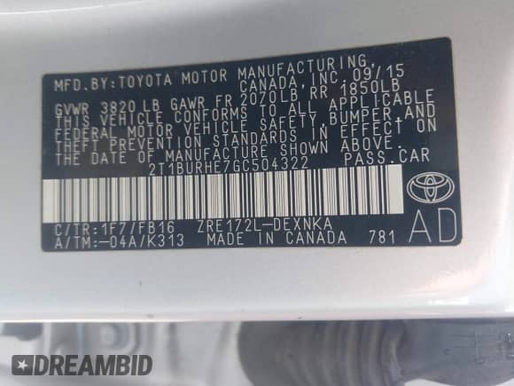 2016 Toyota Corolla L с VIN 2T1BURHE7GC504322, выставлен на аукционе IAAI как лот 43162094 с пробегом Не указан миль и . История ставок и продаж доступна на DreamBid. Изображение 9.