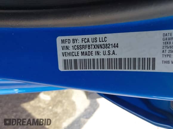 2022 Ram 1500 Big Horn with VIN 1C6SRFBTXNN382144, listed as a IAAI auction lot 43022859 with 16,068 mi miles and . Bid and sale history available at DreamBid. Image 9.