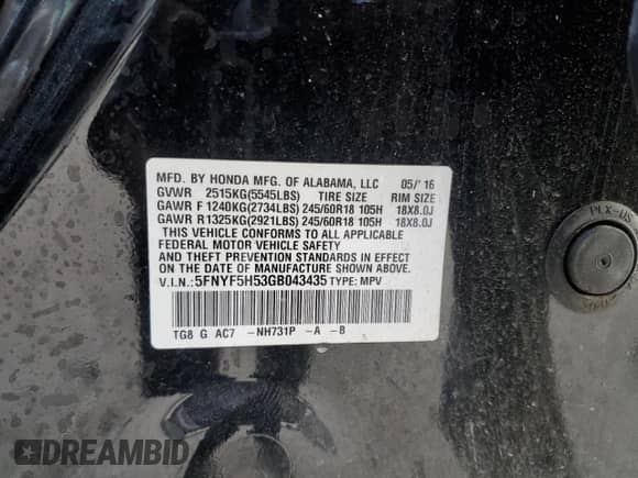 2016 Honda Pilot EX-L with VIN 5FNYF5H53GB043435, listed as a Copart auction lot 82613805 with 162,326 mi miles and Clean title. Bid and sale history available at DreamBid. Image 13.