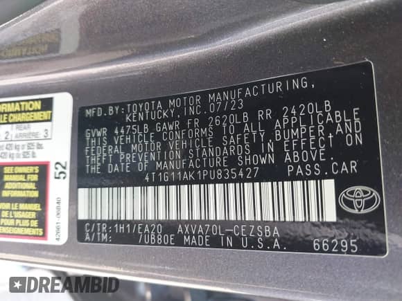 2023 Toyota Camry SE z VIN 4T1G11AK1PU835427, wystawiony jako IAAI lot #43400628 z przebiegiem 48 114 mil mil oraz . Historia ofert i sprzedaży dostępna na DreamBid. Obrazek 9.