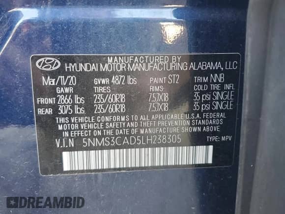 2020 Hyundai Santa Fe SEL с VIN 5NMS3CAD5LH238305, выставлен на аукционе Copart как лот 85165845 с пробегом 68 904 миль миль и Списание • Salvage title. История ставок и продаж доступна на DreamBid. Изображение 13.