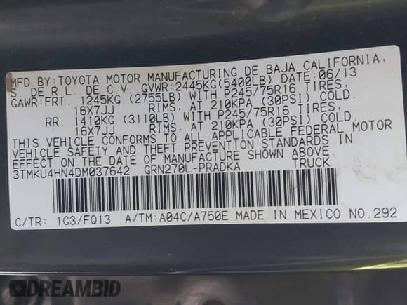 2013 Toyota Tacoma PreRunner with VIN 3TMKU4HN4DM037642, listed as a IAAI auction lot 41524081 with 149,621 mi miles and . Bid and sale history available at DreamBid. Image 9.