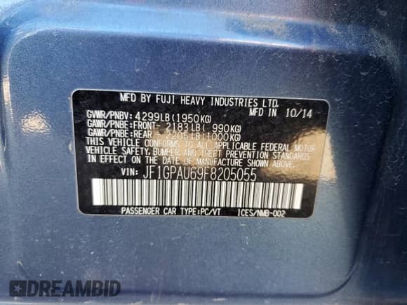 2015 Subaru Impreza Special Sports Premium с VIN JF1GPAU69F8205055, выставлен на аукционе Copart как лот 84481275 с пробегом 140 576 миль миль и Списание • Salvage title. История ставок и продаж доступна на DreamBid. Изображение 12.