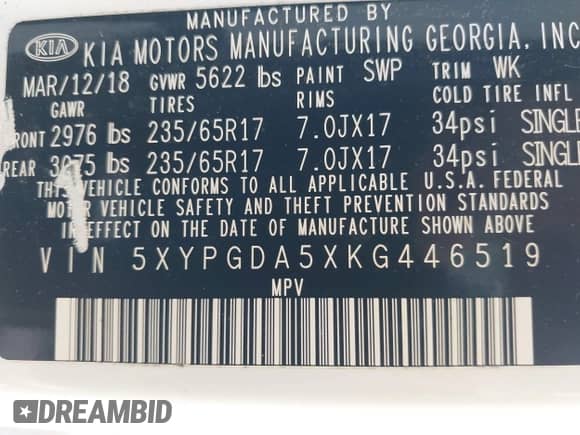 2019 Kia Sorento S with VIN 5XYPGDA5XKG446519, listed as a IAAI auction lot 43279322 with 116,678 mi miles and . Bid and sale history available at DreamBid. Image 9.