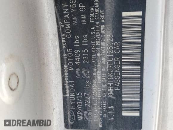 2015 Hyundai Genesis Coupe 3.8L Base with VIN KMHHT6KJ7FU128123, listed as a Copart auction lot 66774845 with Not provided miles and Clean title. Bid and sale history available at DreamBid. Image 12.