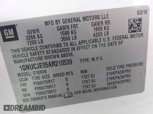 2010 Chevrolet Suburban LT z VIN 1GNUCJE05AR210539, wystawiony jako IAAI lot #41805107 z przebiegiem 166 305 mil mil oraz . Historia ofert i sprzedaży dostępna na DreamBid. Obrazek 9.