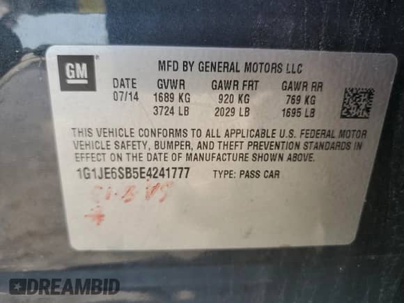 2014 Chevrolet Sonic LTZ with VIN 1G1JE6SB5E4241777, listed as a Copart auction lot 60117705 with 139,287 mi miles and Clean title. Bid and sale history available at DreamBid. Image 12.