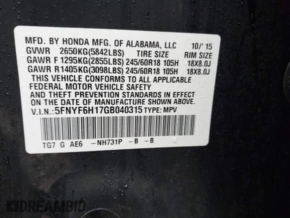 2016 Honda Pilot LX z VIN 5FNYF6H17GB040315, wystawiony jako IAAI lot #43402665 z przebiegiem 167 922 mil mil oraz . Historia ofert i sprzedaży dostępna na DreamBid. Obrazek 9.