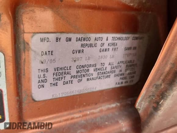 2006 Chevrolet Aveo LT with VIN KL1TG66616B556264, listed as a Copart auction lot 60528345 with 318,128 mi miles and Salvage title. Bid and sale history available at DreamBid. Image 12.