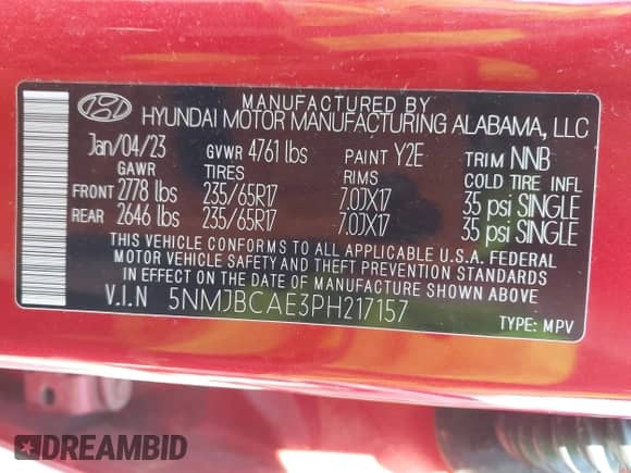 2023 Hyundai Tucson SEL with VIN 5NMJBCAE3PH217157, listed as a IAAI auction lot 43359225 with 85,665 mi miles and . Bid and sale history available at DreamBid. Image 9.