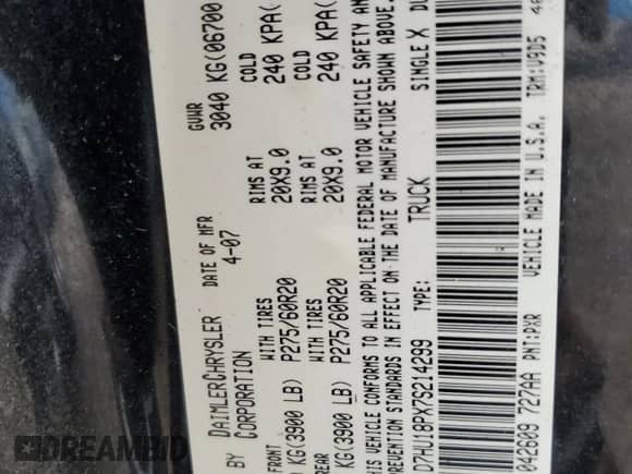 2007 Dodge 1500 SLT с VIN 1D7HU18PX7S214299, выставлен на аукционе Copart как лот 65870295 с пробегом 161 022 миль миль и Списание • Salvage title. История ставок и продаж доступна на DreamBid. Изображение 12.