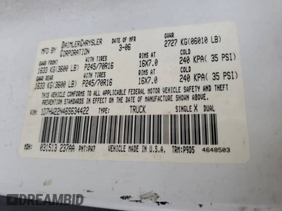 2006 Dodge Dakota z VIN 1D7HW22N46S634422, wystawiony jako Copart lot #82048275 z przebiegiem 190 207 mil mil oraz Nie do naprawy • Non repairable. Historia ofert i sprzedaży dostępna na DreamBid. Obrazek 12.