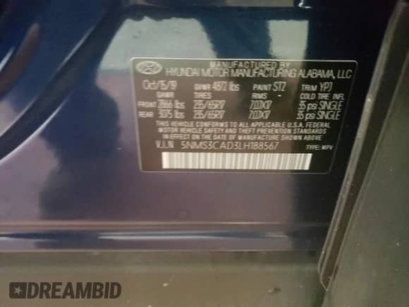 2020 Hyundai Santa Fe SEL with VIN 5NMS3CAD3LH188567, listed as a Copart auction lot 68756892 with 25,928 mi miles and . Bid and sale history available at DreamBid. Image 13.