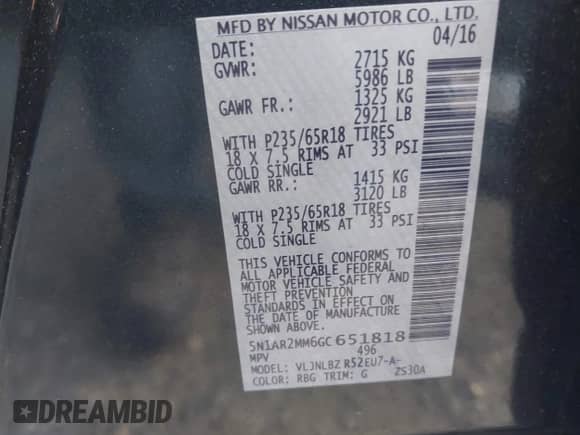 2016 Nissan Pathfinder Platinum with VIN 5N1AR2MM6GC651818, listed as a IAAI auction lot 42776811 with 180,619 mi miles and . Bid and sale history available at DreamBid. Image 9.