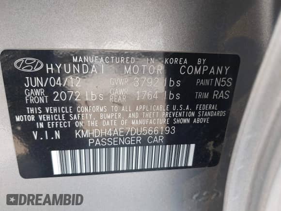 2013 Hyundai Elantra GLS with VIN KMHDH4AE7DU566193, listed as a IAAI auction lot 42913108 with 170,033 mi miles and . Bid and sale history available at DreamBid. Image 9.