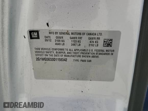 2013 Chevrolet Impala LT with VIN 2G1WG5E33D1158342, listed as a Copart auction lot 70051405 with 178,067 mi miles and Clean title. Bid and sale history available at DreamBid. Image 12.