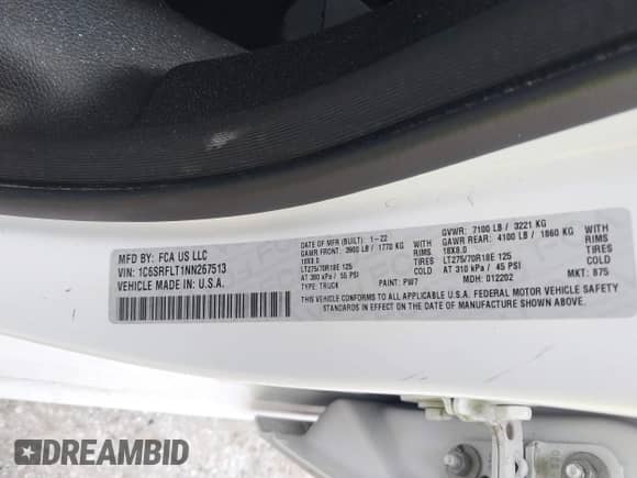 2022 Ram 1500 Rebel z VIN 1C6SRFLT1NN267513, wystawiony jako IAAI lot #41961821 z przebiegiem 140 488 mil mil oraz . Historia ofert i sprzedaży dostępna na DreamBid. Obrazek 9.