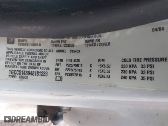 2004 Chevrolet Colorado Z85 z VIN 1GCCS148948181233, wystawiony jako IAAI lot #41544543 z przebiegiem 209 165 mil mil oraz . Historia ofert i sprzedaży dostępna na DreamBid. Obrazek 9.