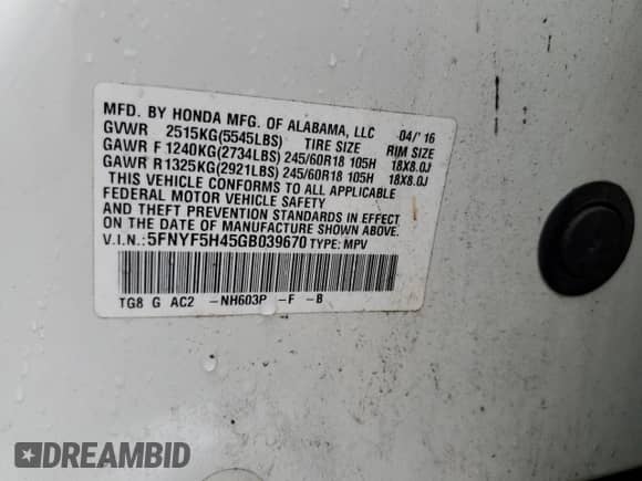 2016 Honda Pilot EX with VIN 5FNYF5H45GB039670, listed as a Copart auction lot 82748194 with 102,190 mi miles and Clean title. Bid and sale history available at DreamBid. Image 15.