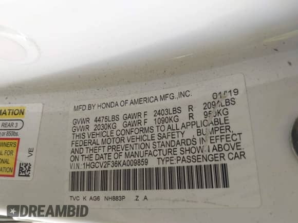 2019 Honda Accord Sport with VIN 1HGCV2F36KA009859, listed as a IAAI auction lot 43279149 with 70,949 mi miles and . Bid and sale history available at DreamBid. Image 9.