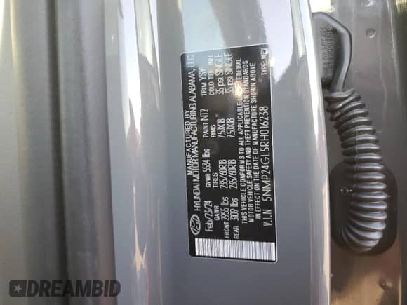 2024 Hyundai Santa Fe SEL с VIN 5NMP24GL5RH016238, выставлен на аукционе Copart как лот 80217604 с пробегом 4 498 миль миль и Списание • Salvage title. История ставок и продаж доступна на DreamBid. Изображение 12.