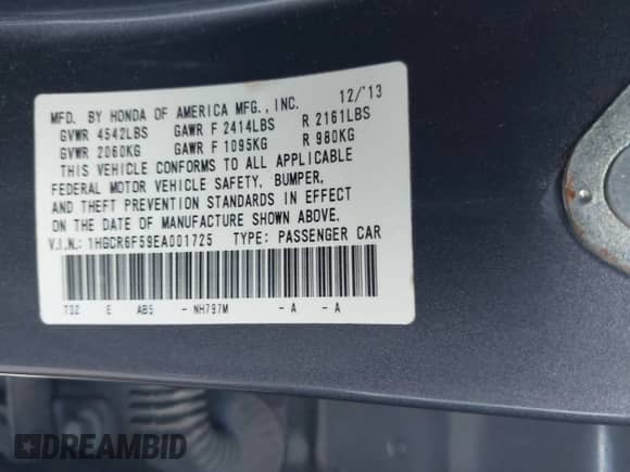 2014 Honda Accord EX-L with VIN 1HGCR6F59EA001725, listed as a IAAI auction lot 42612986 with 172,703 mi miles and . Bid and sale history available at DreamBid. Image 9.
