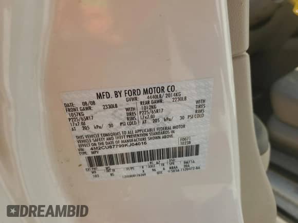 2009 Mercury Mariner Premier with VIN 4M2CU87799KJ04016, listed as a Copart auction lot 84371425 with Not provided miles and Salvage title. Bid and sale history available at DreamBid. Image 13.