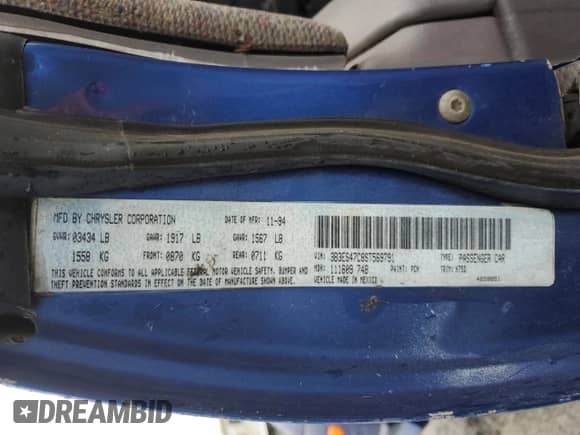 1995 Dodge Neon Highline z VIN 3B3ES47C8ST569791, wystawiony jako Copart lot #45310685 z przebiegiem 213 330 mil mil oraz Szkoda całkowita • Salvage title. Historia ofert i sprzedaży dostępna na DreamBid. Obrazek 13.