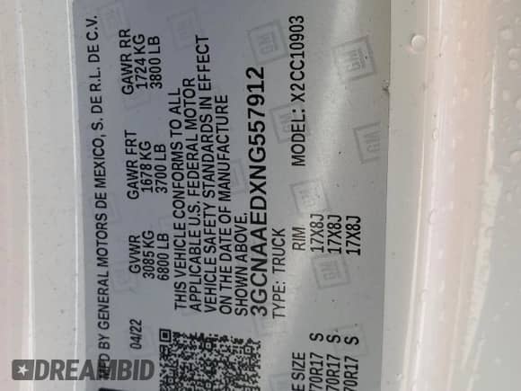 2022 Chevrolet Silverado 1500 Work Truck с VIN 3GCNAAEDXNG557912, выставлен на аукционе Copart как лот 66671055 с пробегом Не указан миль и Списание • Salvage title. История ставок и продаж доступна на DreamBid. Изображение 12.