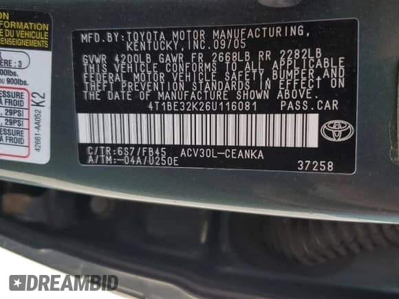 2006 Toyota Camry LE z VIN 4T1BE32K26U116081, wystawiony jako Copart lot #85259245 z przebiegiem 206 411 mil mil oraz Szkoda całkowita • Salvage title. Historia ofert i sprzedaży dostępna na DreamBid. Obrazek 12.