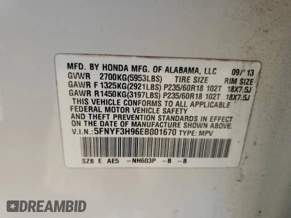 2014 Honda Pilot Touring with VIN 5FNYF3H96EB001670, listed as a Copart auction lot 70638295 with 163,468 mi miles and Salvage title. Bid and sale history available at DreamBid. Image 13.