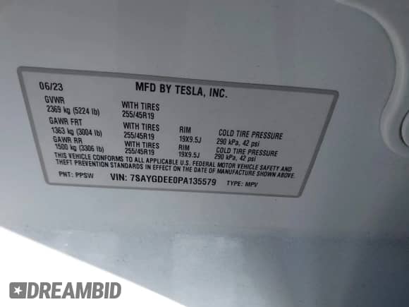 2023 Tesla Model Y Long Range with VIN 7SAYGDEE0PA135579, listed as a IAAI auction lot 43196811 with 44,886 mi miles and . Bid and sale history available at DreamBid. Image 9.