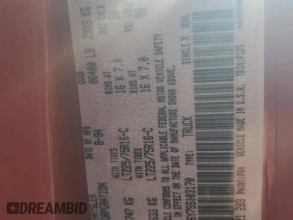 1995 Dodge 1500 with VIN 1B7HF16Y7SS103170, listed as a Copart auction lot 71487015 with 164,080 mi miles and Salvage title. Bid and sale history available at DreamBid. Image 12.