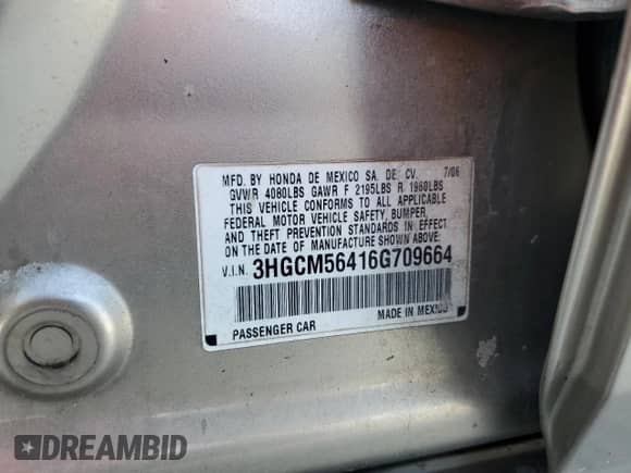 2006 Honda Accord LX with VIN 3HGCM56416G709664, listed as a Copart auction lot 81307325 with 206,469 mi miles and Salvage title. Bid and sale history available at DreamBid. Image 12.