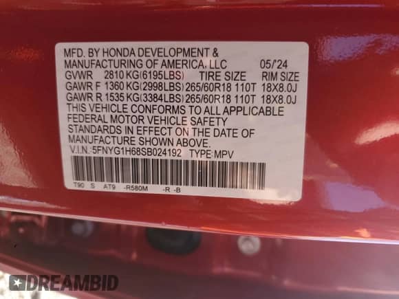 2025 Honda Pilot TrailSport with VIN 5FNYG1H68SB024192, listed as a Copart auction lot 81093375 with 10,541 mi miles and Salvage title. Bid and sale history available at DreamBid. Image 13.