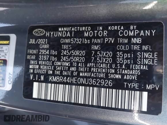 2022 Hyundai Palisade SEL with VIN KM8R44HE0NU362926, listed as a IAAI auction lot 43256822 with Not provided miles and . Bid and sale history available at DreamBid. Image 9.