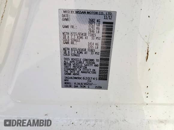 2013 Nissan Pathfinder Platinum с VIN 5N1AR2MN9DC620745, выставлен на аукционе Copart как лот 66523865 с пробегом 122 999 миль миль и Списание • Salvage title. История ставок и продаж доступна на DreamBid. Изображение 13.