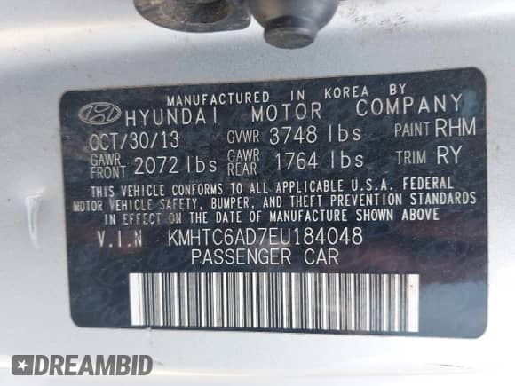 2014 Hyundai Veloster с VIN KMHTC6AD7EU184048, выставлен на аукционе IAAI как лот 42904514 с пробегом 191 749 миль миль и . История ставок и продаж доступна на DreamBid. Изображение 9.