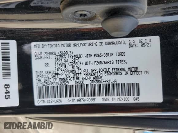 2021 Toyota Tacoma Limited with VIN 3TYGZ5AN8MT038529, listed as a Copart auction lot 58527975 with 46,147 mi miles and Salvage title. Bid and sale history available at DreamBid. Image 13.