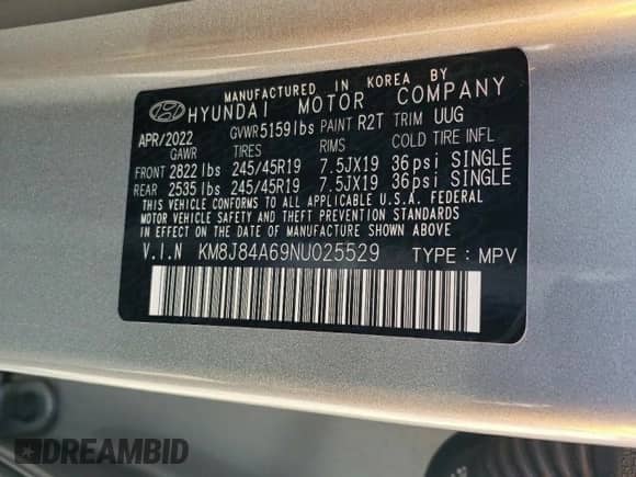 2022 Hyundai NEXO Limited с VIN KM8J84A69NU025529, выставлен на аукционе Copart как лот 46476624 с пробегом 28 571 миль миль и Списание • Salvage title. История ставок и продаж доступна на DreamBid. Изображение 15.