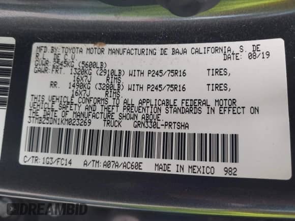 2019 Toyota Tacoma SR5 with VIN 3TMBZ5DN1KM023269, listed as a IAAI auction lot 43269629 with 24,318 mi miles and . Bid and sale history available at DreamBid. Image 9.