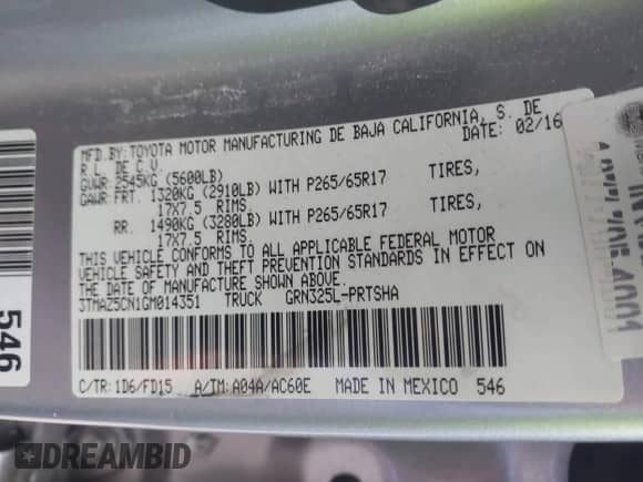 2016 Toyota Tacoma SR5 с VIN 3TMAZ5CN1GM014351, выставлен на аукционе IAAI как лот 42357717 с пробегом 116 712 миль миль и . История ставок и продаж доступна на DreamBid. Изображение 9.