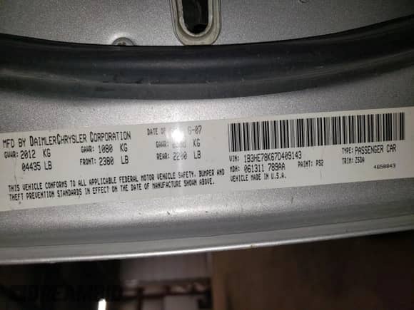 2007 Dodge Caliber R/T with VIN 1B3HE78K67D409143, listed as a Copart auction lot 71726345 with 135,238 mi miles and Salvage title. Bid and sale history available at DreamBid. Image 13.